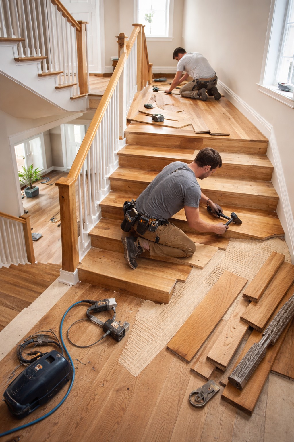 Hardwood and engineered floor laying in progress